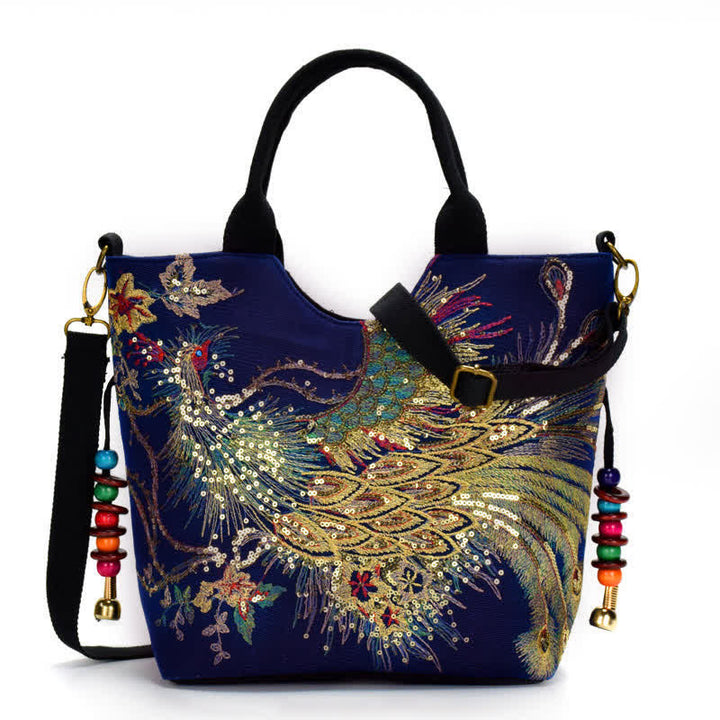 Bolso tote con bordado de pavo real y Buddha Stones, bolso de hombro, bolso cruzado - Pavo real azul oscuro - Bolso de hombro/Bolso tote - image 0
