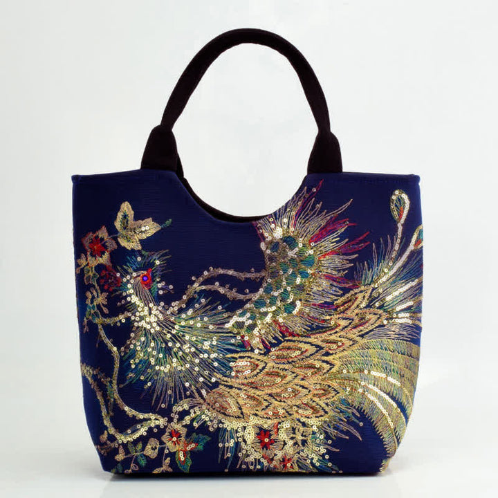 Bolso tote con bordado de pavo real y Buddha Stones, bolso de hombro, bolso cruzado - Pavo real azul oscuro - Bolso de mano sencillo - image 4
