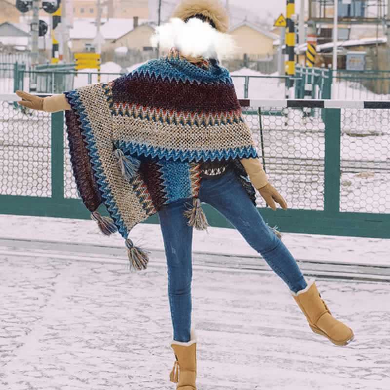 Chal tibetano con Buddha Stones , estampado ondulado azul, beige y rojo, bufanda cálida de invierno con borlas. - image 7
