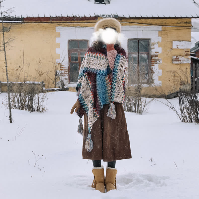 Chal tibetano con Buddha Stones , estampado ondulado azul, beige y rojo, bufanda cálida de invierno con borlas. - image 1