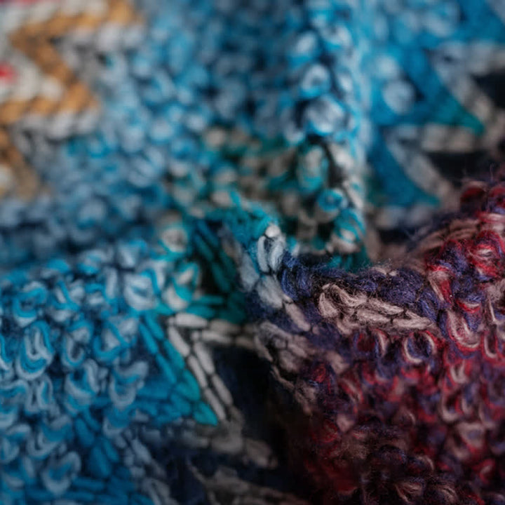 Chal tibetano con Buddha Stones , estampado ondulado azul, beige y rojo, bufanda cálida de invierno con borlas. - image 9