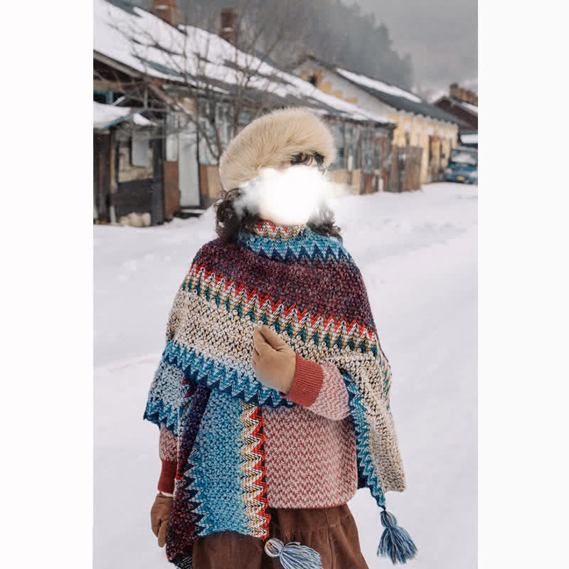 Chal tibetano con Buddha Stones , estampado ondulado azul, beige y rojo, bufanda cálida de invierno con borlas. - image 3