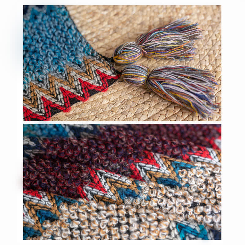Chal tibetano con Buddha Stones , estampado ondulado azul, beige y rojo, bufanda cálida de invierno con borlas. - image 11