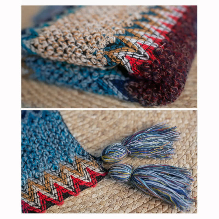 Chal tibetano con Buddha Stones , estampado ondulado azul, beige y rojo, bufanda cálida de invierno con borlas. - image 10