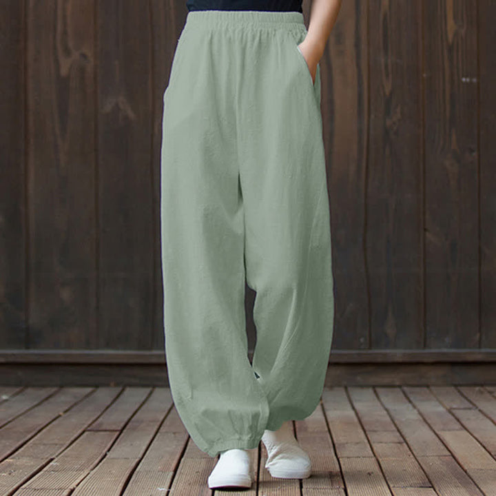 Pantalones de mujer de lino, ramio y algodón con Buddha Stones, color liso y bolsillos. - Crema de menta - US6, UK/AU10, EU38 (L) - image 67