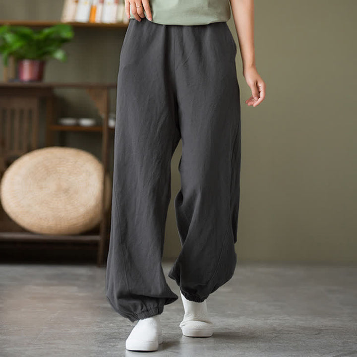 Pantalones de mujer de lino, ramio y algodón con Buddha Stones, color liso y bolsillos. - Gris oscuro - US6, UK/AU10, EU38 (L) - image 0