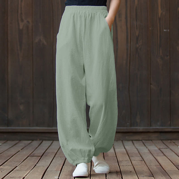 Pantalones de mujer de lino, ramio y algodón con Buddha Stones, color liso y bolsillos. - image 68