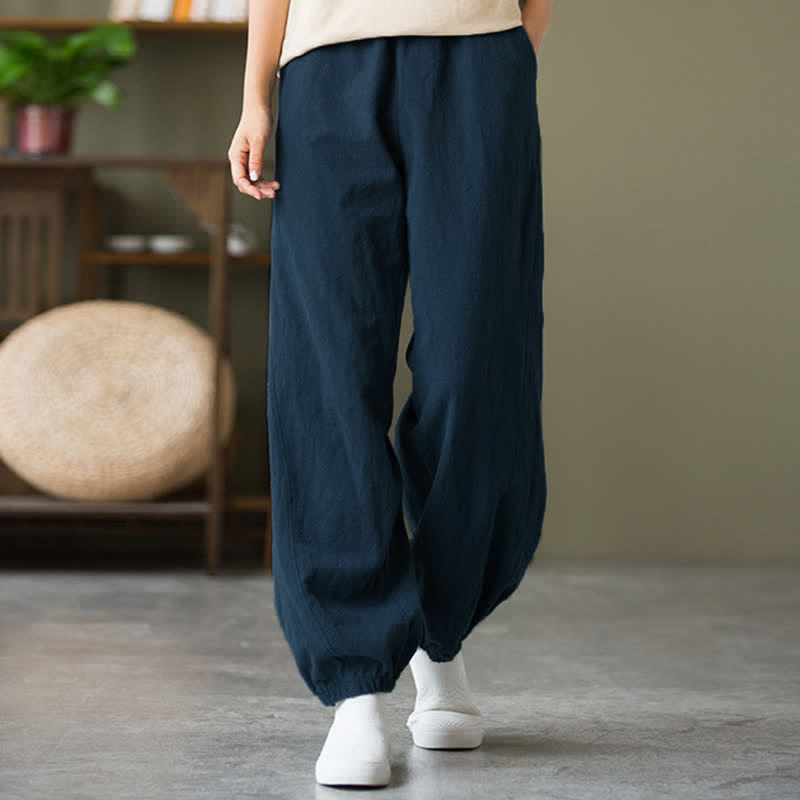 Pantalones de mujer de lino, ramio y algodón con Buddha Stones, color liso y bolsillos. - Azul acero - US6, UK/AU10, EU38 (L) - image 47