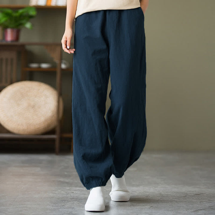 Pantalones de mujer de lino, ramio y algodón con Buddha Stones, color liso y bolsillos. - Azul acero - US6, UK/AU10, EU38 (L) - image 47