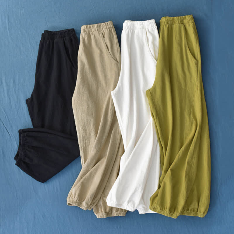Pantalones de mujer de lino, ramio y algodón con Buddha Stones, color liso y bolsillos. - image 1