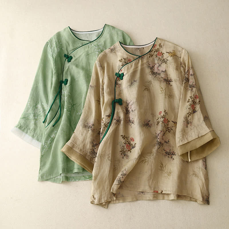 Buddha Stones Camisas de manga larga para mujer con estampado floral y botones de rana, estilo vintage, para primavera y verano. - image 18