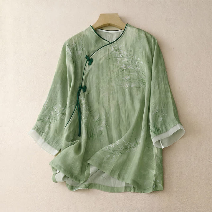 Buddha Stones Camisas de manga larga para mujer con estampado floral y botones de rana, estilo vintage, para primavera y verano. - Verde claro - US8-10, UK/AU12-14, EU40-42 (2XL) - image 10