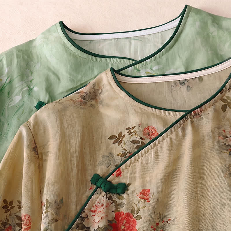 Buddha Stones Camisas de manga larga para mujer con estampado floral y botones de rana, estilo vintage, para primavera y verano. - image 20