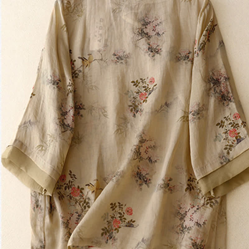Buddha Stones Camisas de manga larga para mujer con estampado floral y botones de rana, estilo vintage, para primavera y verano. - image 1