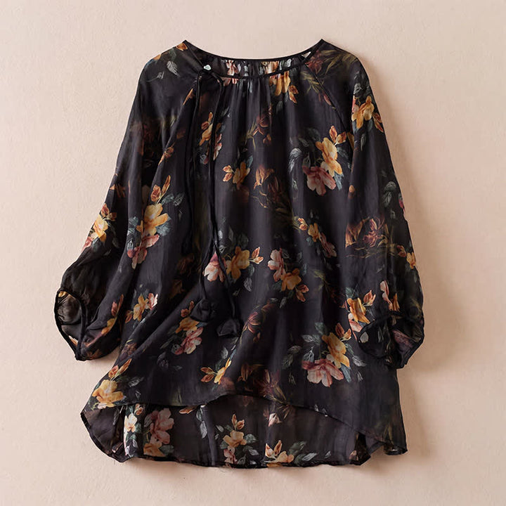 Buddha Stones Camisas de manga larga para mujer estilo boho con cordón ajustable y estampado floral, ideales para primavera y verano. - Negro - US12, UK/AU16, EU44 (2XL) - image 5