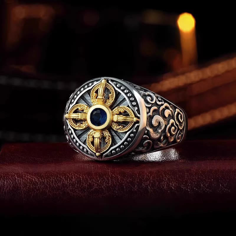 Anillo de equilibrio ajustable de cobre con diseño de cruz tibetana de Buddha Stones y nubes auspiciosas. - Cobre - Ajustable - image 0