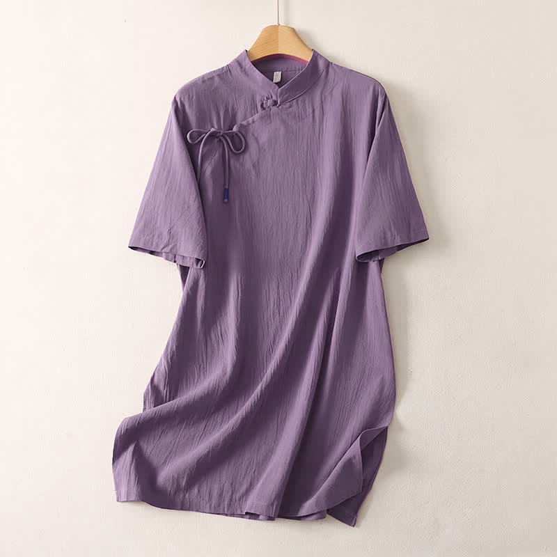 Buddha Stones Vestidos de mujer de manga corta, estilo Tang casual de verano, con cuello mandarín y color liso. - Morado medio - US14, UK/AU18, EU46 (2XL) - image 3