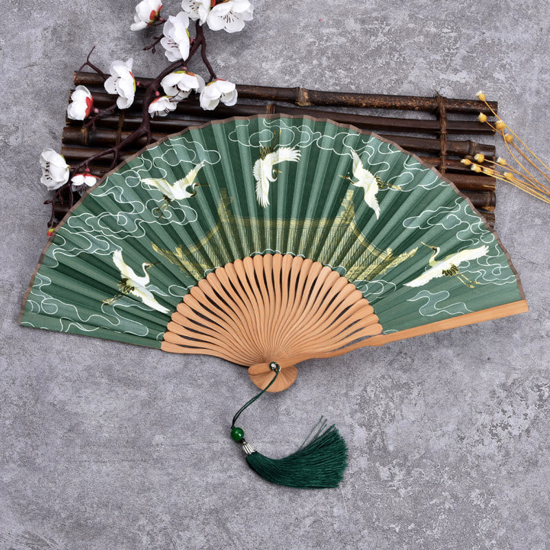 Abanico plegable de bambú de mano con diseño de grulla de nube vintage de Buddha Stones - Verde oscuro - image 1