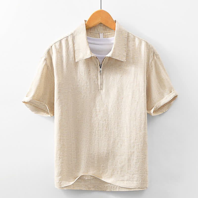 Buddha Stones Camisas de manga corta para hombre, estilo casual de verano, minimalistas, con cremallera de un cuarto y color liso. - Trigo - US/UK/AU42, EU52 (3XL) - image 0