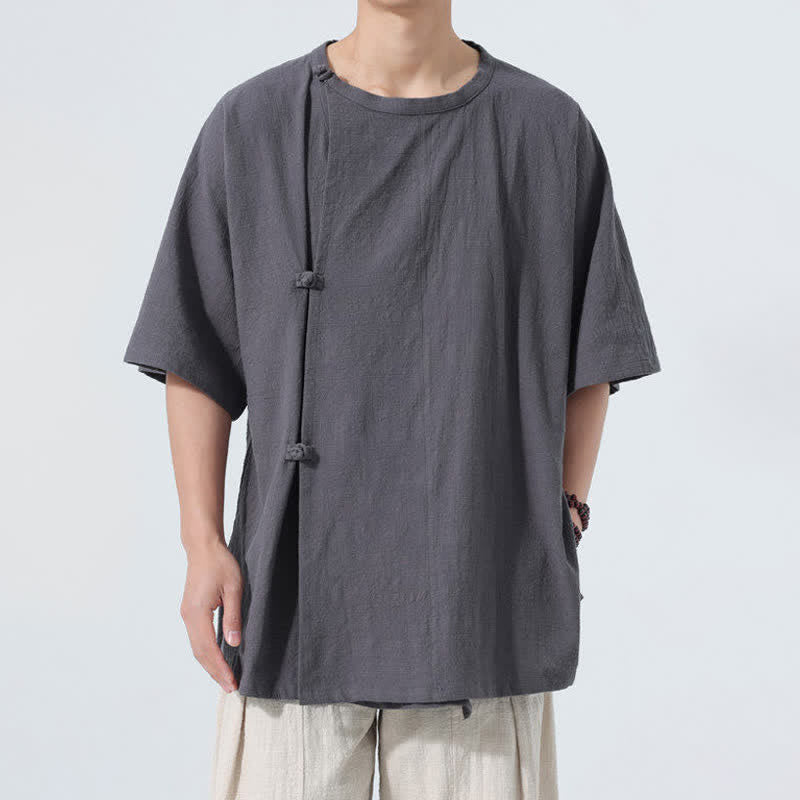 Buddha Stones Camisas de manga corta para hombre de algodón liso con botones de rana, estilo minimalista, estilo Summer Tang. - Gris oscuro - US/UK/AU46, EU56 (5XL) - image 0