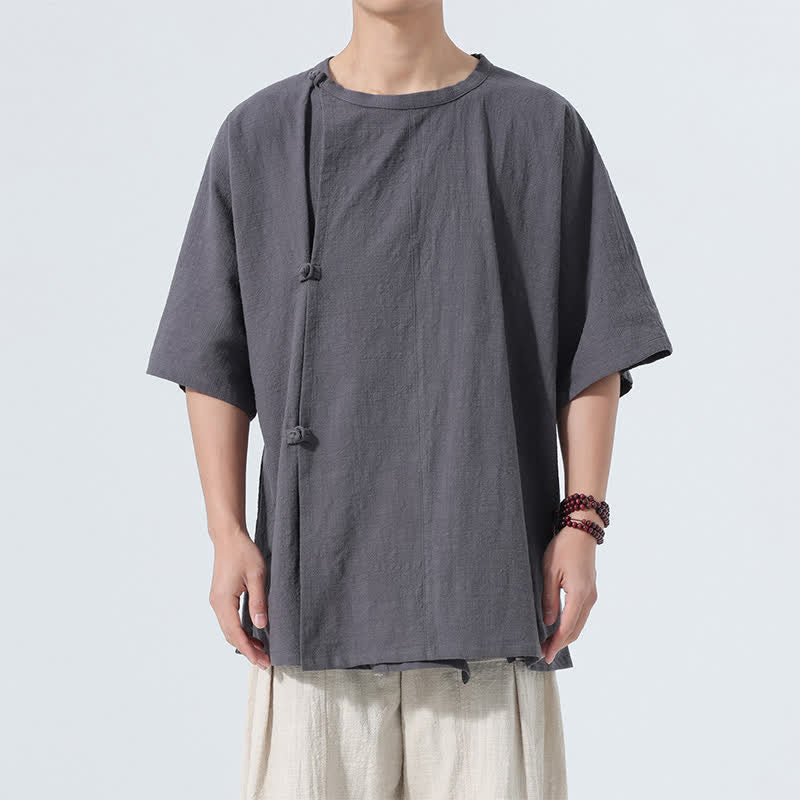Buddha Stones Camisas de manga corta para hombre de algodón liso con botones de rana, estilo minimalista, estilo Summer Tang. - image 1