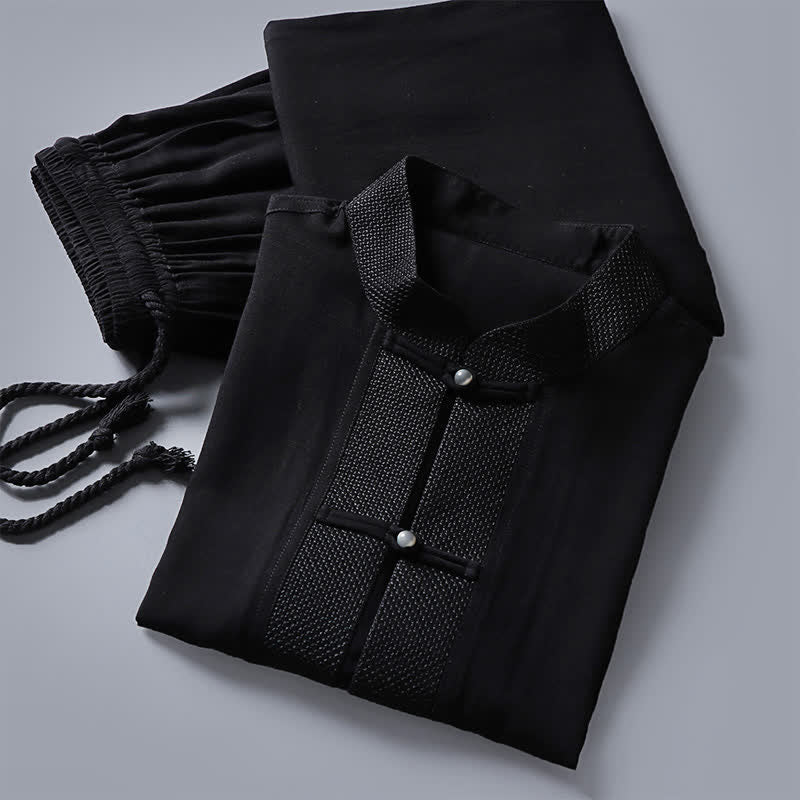 Buddha Stones Conjunto de 2 piezas: Camisa de manga larga y pantalón estilo Spring Tang con cuello mandarín y botones de rana, color liso, para hombre, ideal para meditación, con bolsillos. - image 13