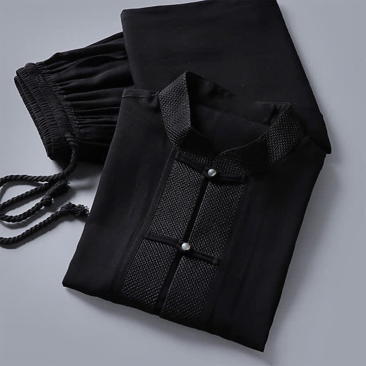 Buddha Stones Conjunto de 2 piezas: Camisa de manga larga y pantalón estilo Spring Tang con cuello mandarín y botones de rana, color liso, para hombre, ideal para meditación, con bolsillos. - image 13