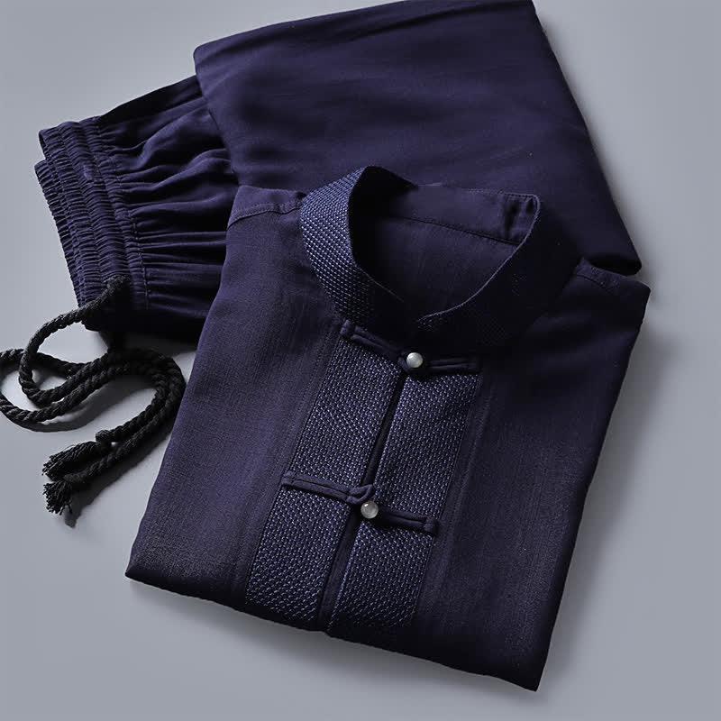 Buddha Stones Conjunto de 2 piezas: Camisa de manga larga y pantalón estilo Spring Tang con cuello mandarín y botones de rana, color liso, para hombre, ideal para meditación, con bolsillos. - image 16