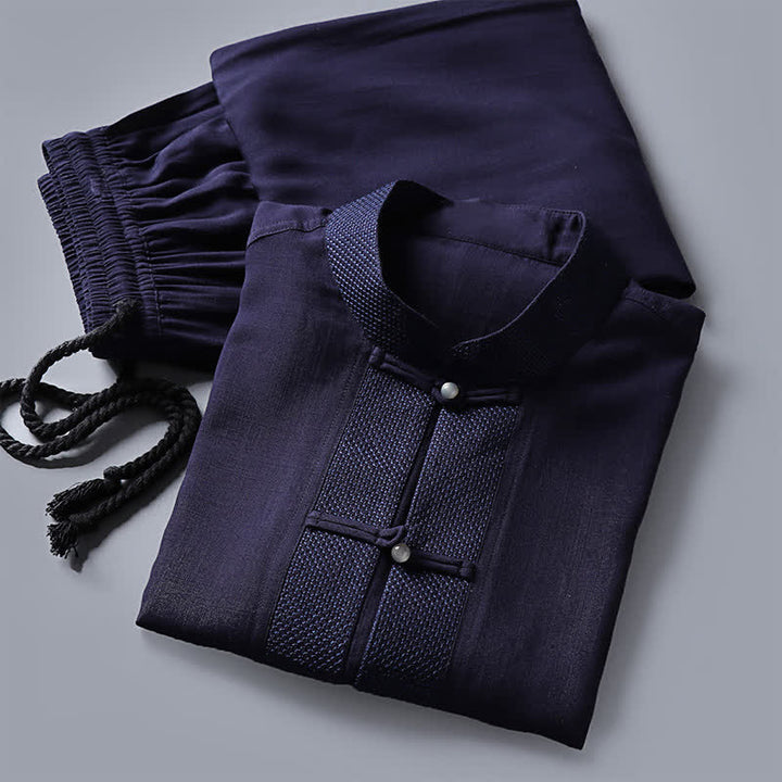 Buddha Stones Conjunto de 2 piezas: Camisa de manga larga y pantalón estilo Spring Tang con cuello mandarín y botones de rana, color liso, para hombre, ideal para meditación, con bolsillos. - image 16