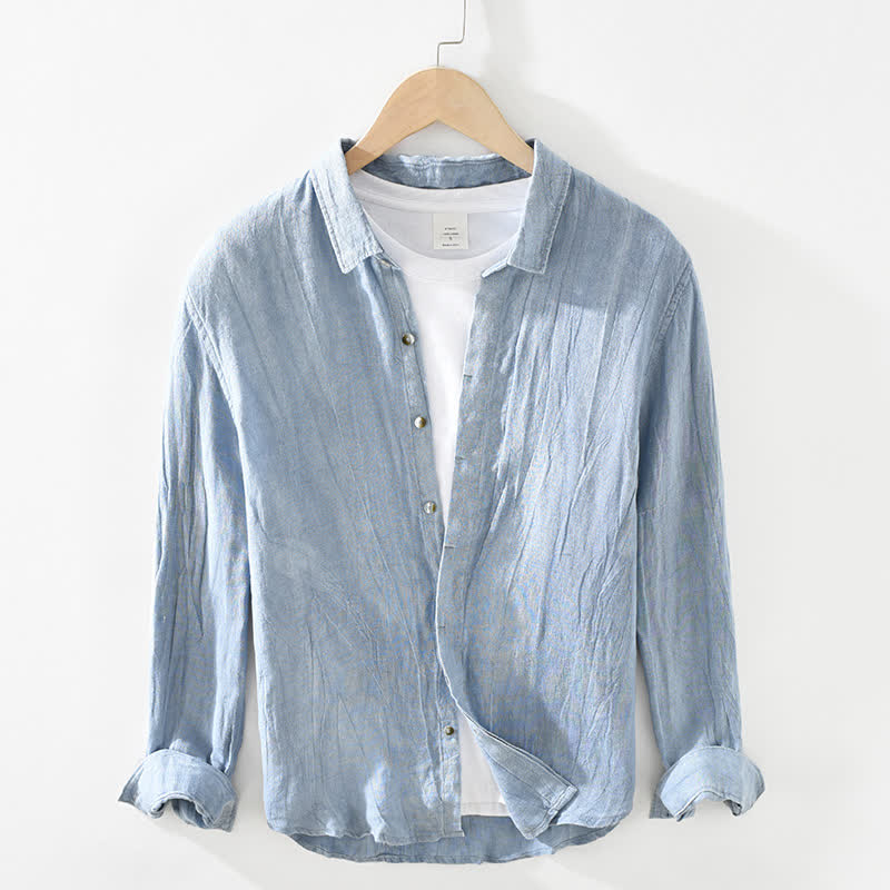 Buddha Stones Camisas de manga larga de lino liso con botones para hombre, estilo casual de primavera. - Azul acero claro - US/UK/AU42, EU52 (3XL) - image 14