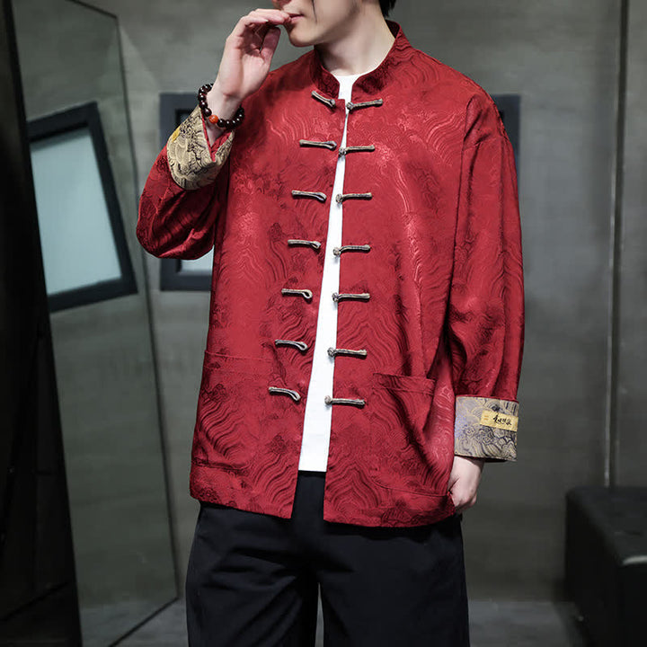 Buddha Stones Chaqueta de hombre estilo Tang elegante con cuello mandarín, estampado abstracto de ondas y botones de rana, ideal para otoño/invierno, con bolsillos. - image 7