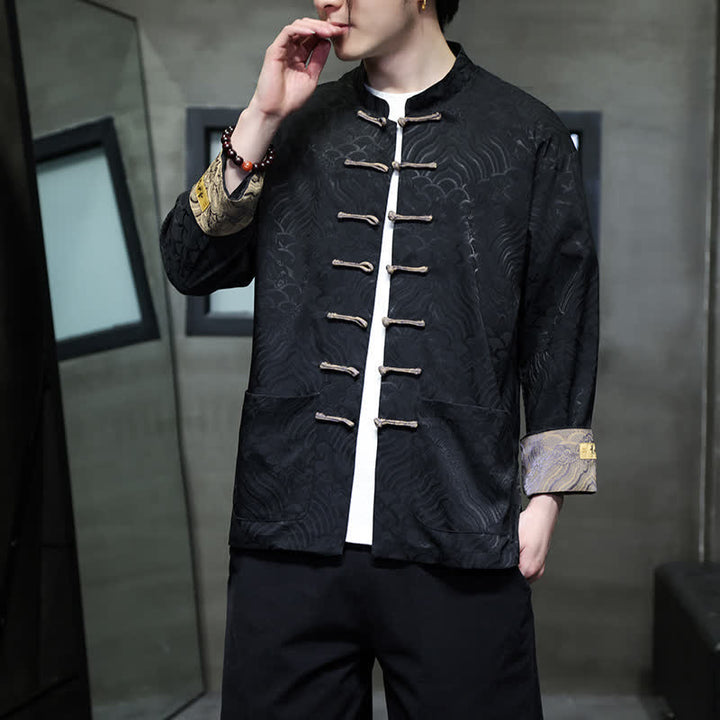 Buddha Stones Chaqueta de hombre estilo Tang elegante con cuello mandarín, estampado abstracto de ondas y botones de rana, ideal para otoño/invierno, con bolsillos. - image 16