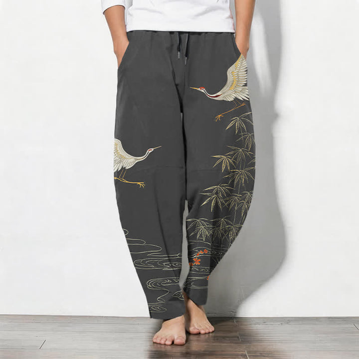 Buddha Stones Pantalones de hombre de algodón puro con estampado de grullas, bambú y olas, con cordón ajustable y corte ajustado, y bolsillos. - Gris oscuro - US/UK/AU50, EU60 (5XL) - image 0