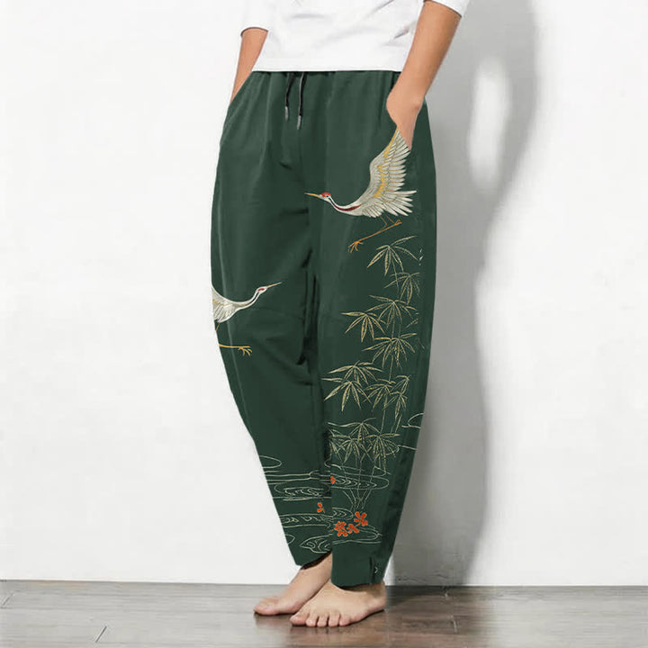 Buddha Stones Pantalones de hombre de algodón puro con estampado de grullas, bambú y olas, con cordón ajustable y corte ajustado, y bolsillos. - image 12