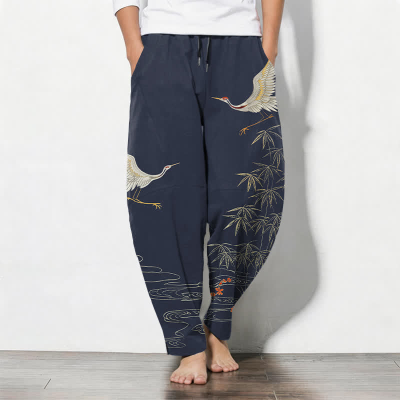 Buddha Stones Pantalones de hombre de algodón puro con estampado de grullas, bambú y olas, con cordón ajustable y corte ajustado, y bolsillos. - Azul acero - US/UK/AU50, EU60 (5XL) - image 7
