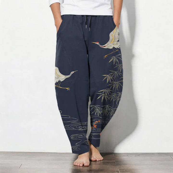 Buddha Stones Pantalones de hombre de algodón puro con estampado de grullas, bambú y olas, con cordón ajustable y corte ajustado, y bolsillos. - Azul acero - US/UK/AU50, EU60 (5XL) - image 7