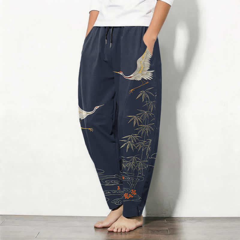 Buddha Stones Pantalones de hombre de algodón puro con estampado de grullas, bambú y olas, con cordón ajustable y corte ajustado, y bolsillos. - image 8