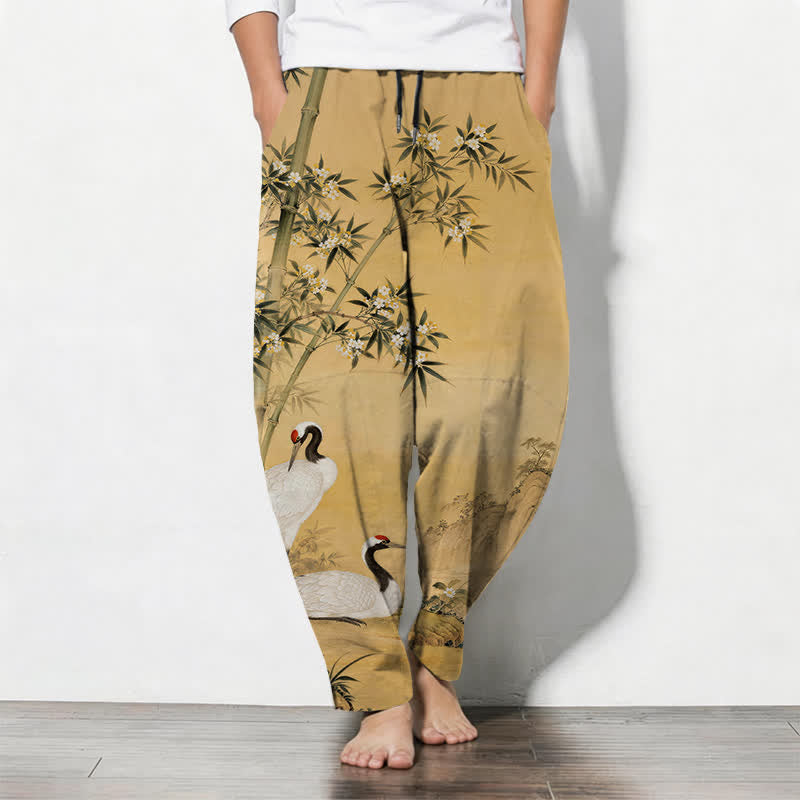 Buddha Stones Pantalones de hombre de algodón puro con estampado de paisaje de grullas y bambú, cordón ajustable y corte cónico con bolsillos. - vara de oro - US/UK/AU50, EU60 (5XL) - image 0