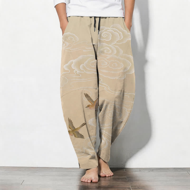 Buddha Stones Pantalones de hombre de algodón puro con estampado de pájaros en nubes y cordón ajustable, corte cónico y bolsillos. - Beige - US/UK/AU50, EU60 (5XL) - image 0