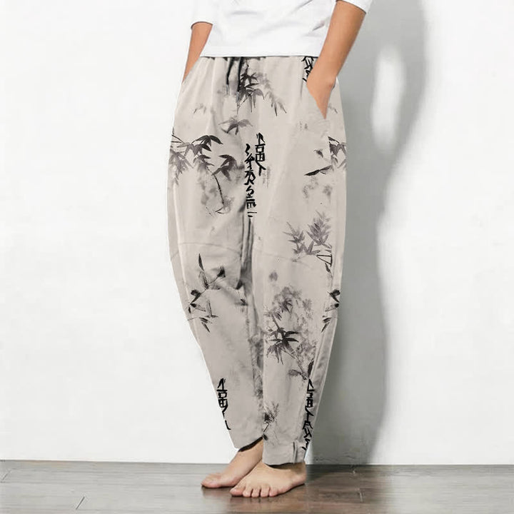 Buddha Stones Pantalones de hombre de algodón puro con estampado de caligrafía en bambú, cordón ajustable y bolsillos. - image 1