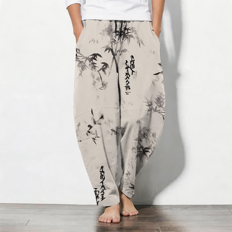 Buddha Stones Pantalones de hombre de algodón puro con estampado de caligrafía en bambú, cordón ajustable y bolsillos. - Marfil - US/UK/AU50, EU60 (5XL) - image 0