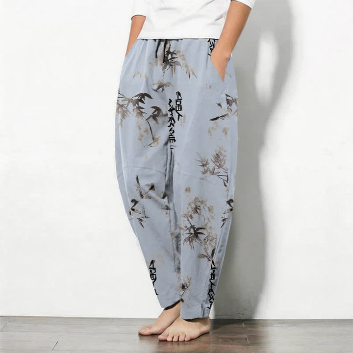Buddha Stones Pantalones de hombre de algodón puro con estampado de caligrafía en bambú, cordón ajustable y bolsillos. - image 8