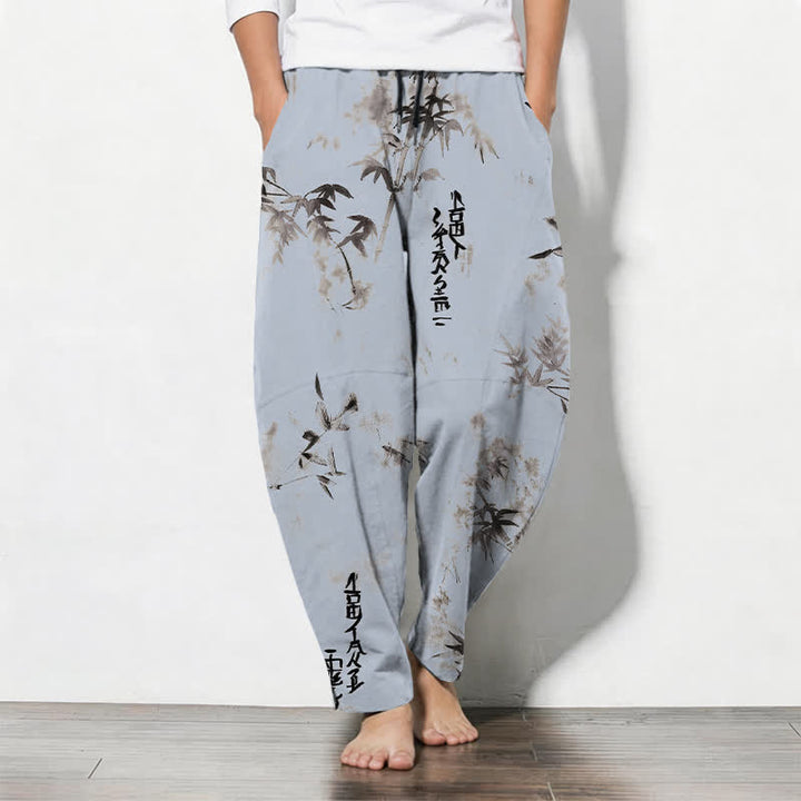 Buddha Stones Pantalones de hombre de algodón puro con estampado de caligrafía en bambú, cordón ajustable y bolsillos. - Azul claro - US/UK/AU50, EU60 (5XL) - image 7