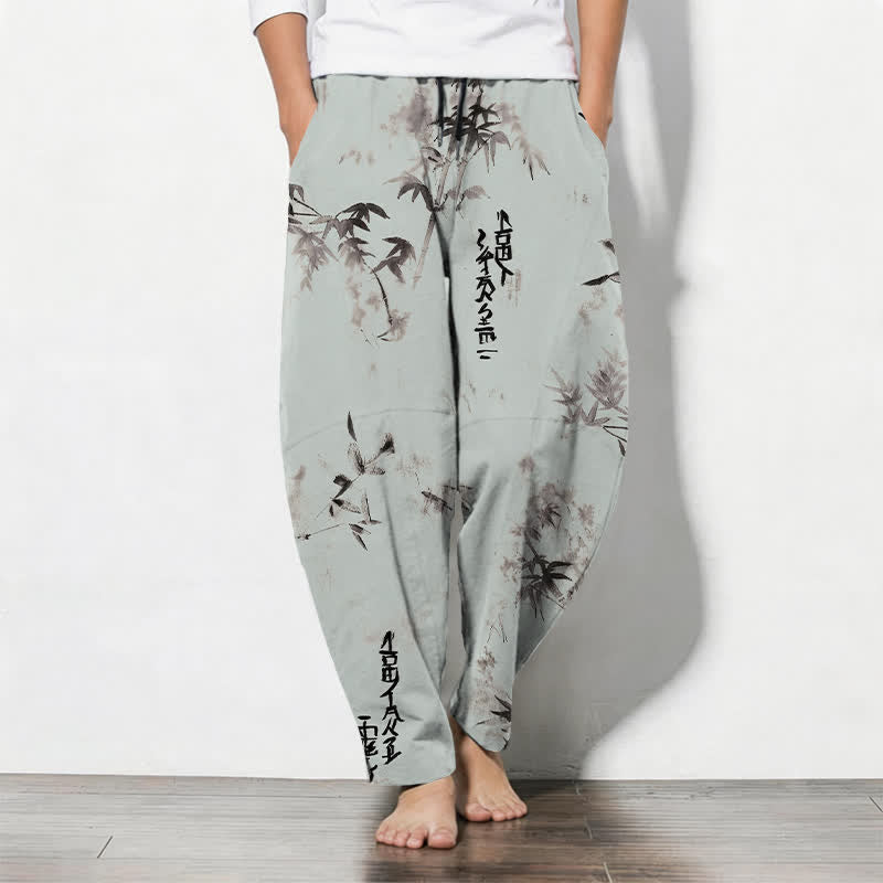 Buddha Stones Pantalones de hombre de algodón puro con estampado de caligrafía en bambú, cordón ajustable y bolsillos. - Turquesa pálido - US/UK/AU50, EU60 (5XL) - image 11