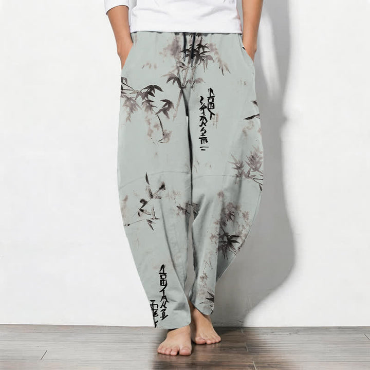 Buddha Stones Pantalones de hombre de algodón puro con estampado de caligrafía en bambú, cordón ajustable y bolsillos. - Turquesa pálido - US/UK/AU50, EU60 (5XL) - image 11