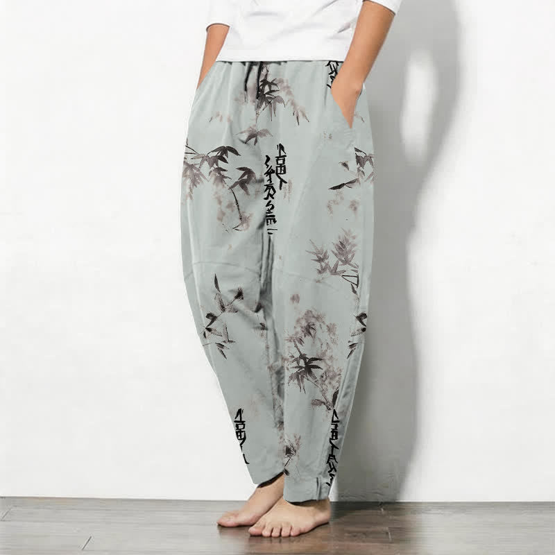 Buddha Stones Pantalones de hombre de algodón puro con estampado de caligrafía en bambú, cordón ajustable y bolsillos. - image 12
