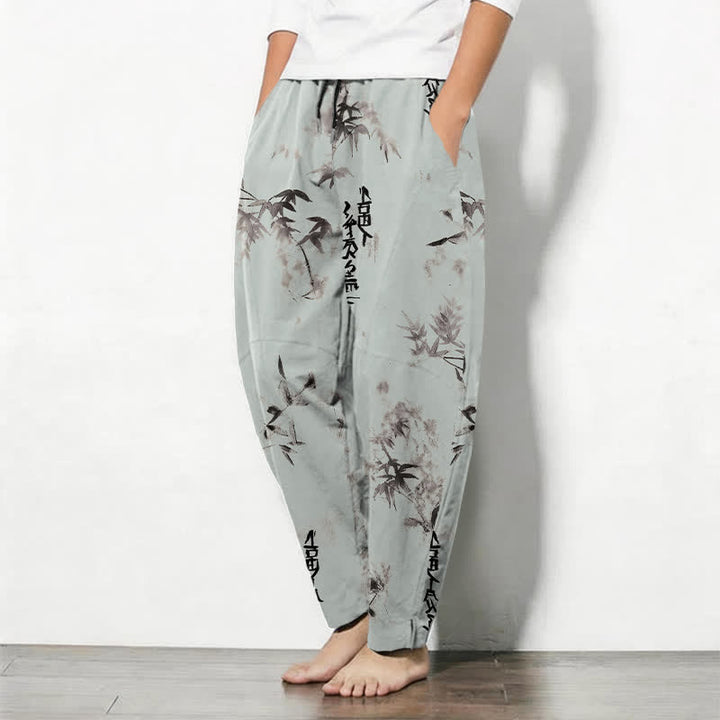 Buddha Stones Pantalones de hombre de algodón puro con estampado de caligrafía en bambú, cordón ajustable y bolsillos. - image 12