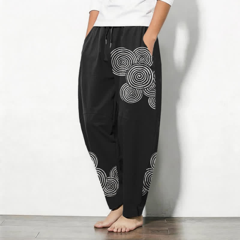 Buddha Stones Pantalones de hombre de algodón puro con estampado espiral concéntrico, cordón ajustable y bolsillos. - image 1