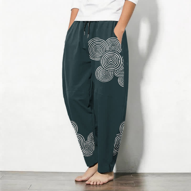 Buddha Stones Pantalones de hombre de algodón puro con estampado espiral concéntrico, cordón ajustable y bolsillos. - image 12