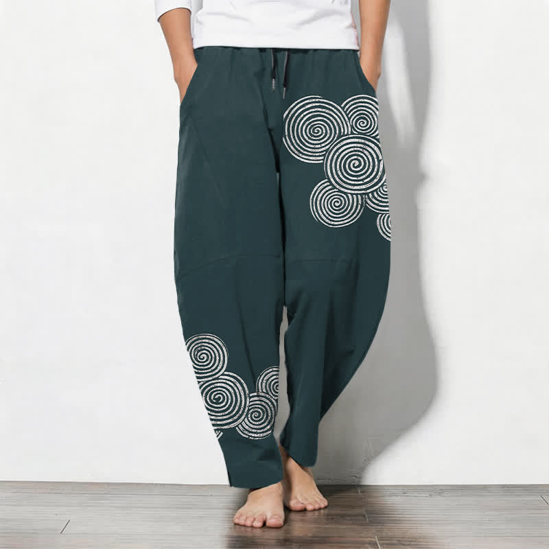 Buddha Stones Pantalones de hombre de algodón puro con estampado espiral concéntrico, cordón ajustable y bolsillos. - cian oscuro - US/UK/AU50, EU60 (5XL) - image 11